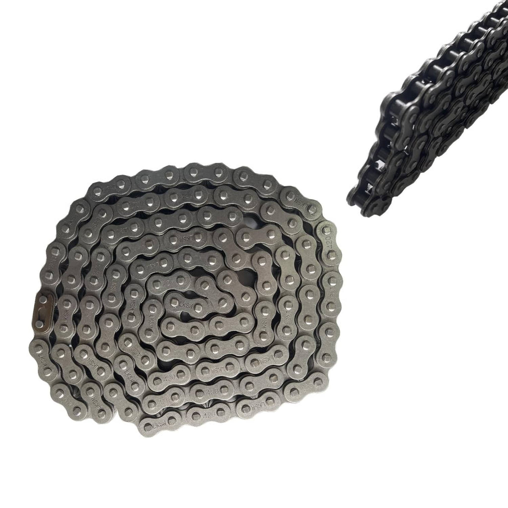 Motorcycle drive chain (132 links) side view with silver-gray roller links