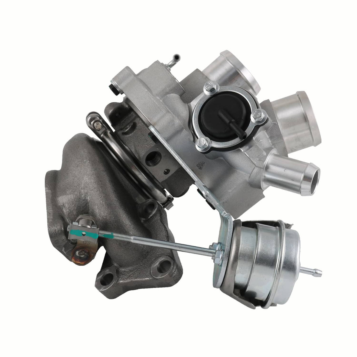 Turbocharger assembly with angled outlet pipe and black compressor housing