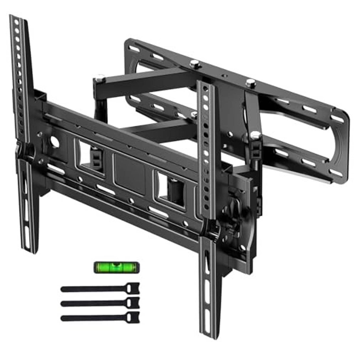Black TV wall mount bracket with mounting rails, guide holes, and bottom support