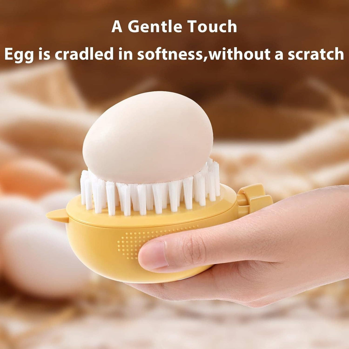 Yellow egg-shaped scrub brush with white bristle head and an egg under hand