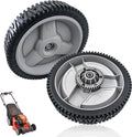 Pair of lawn mower replacement wheels, grey hubs with black knobby tires