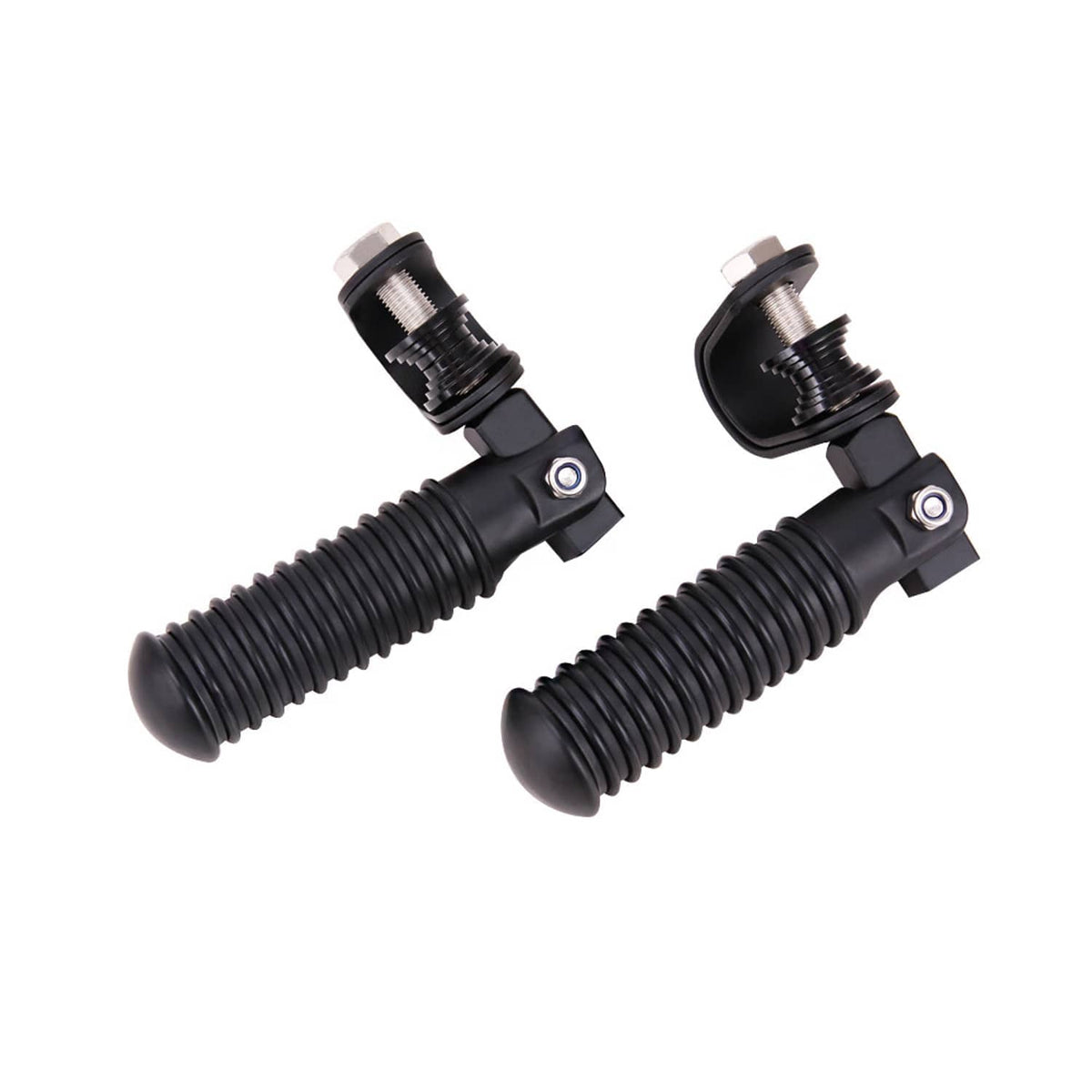 Pair of black motorcycle foot pegs with ribbed rubber grips and U-bolt clamps
