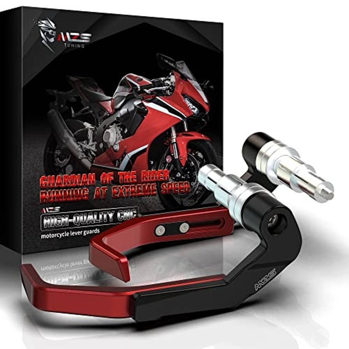 Red motorcycle lever guard set with black base and silver ends, shown angled.