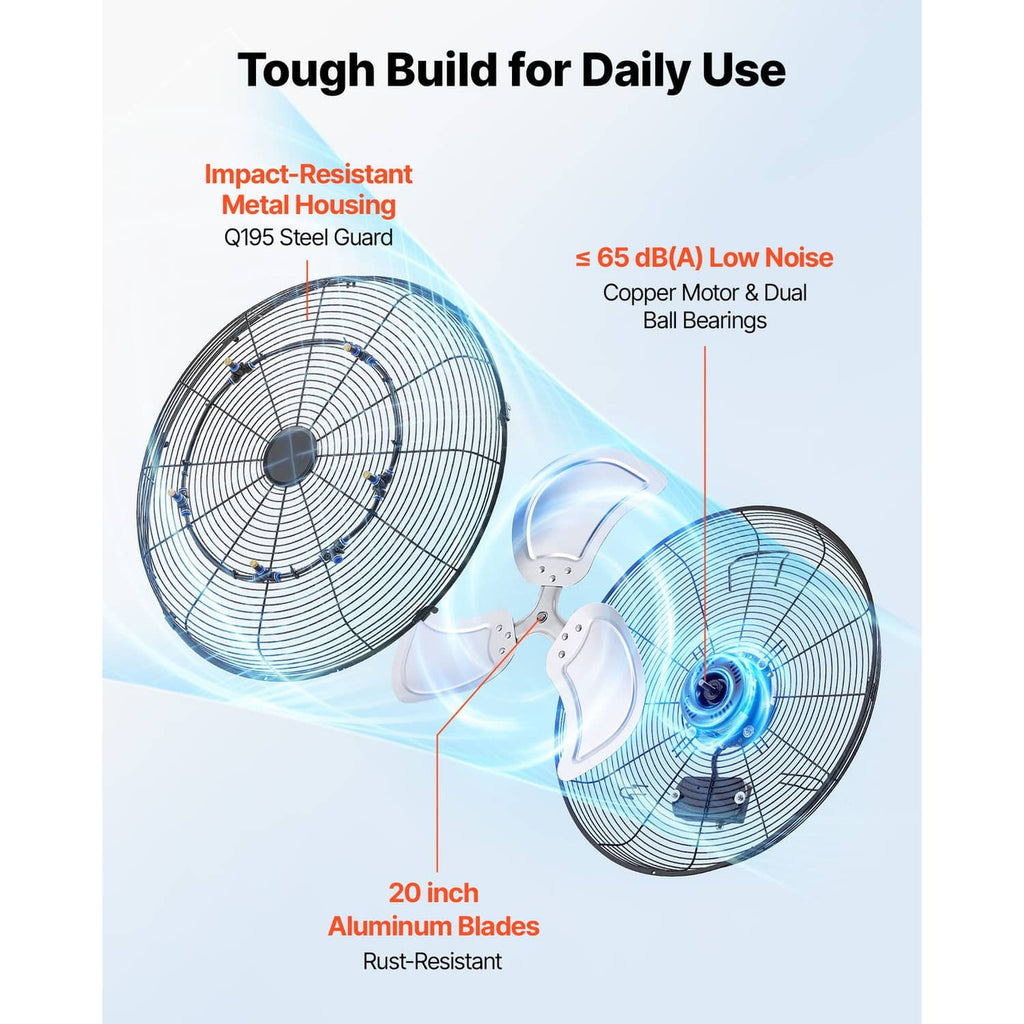 Industrial wall fan with metal housing, aluminum blades, and low-noise design