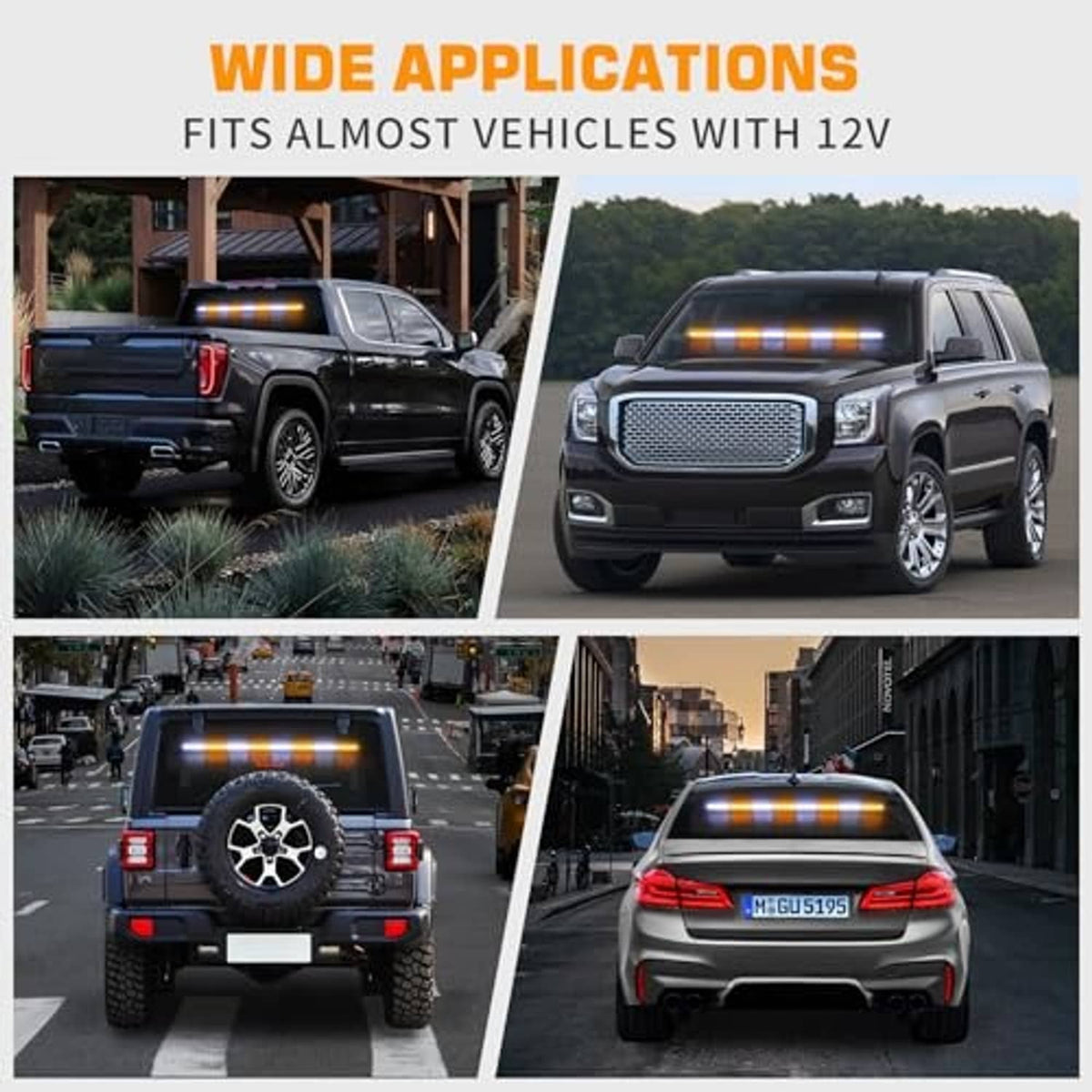Traffic light bar with amber and white LED strips mounted on pickup, rear view