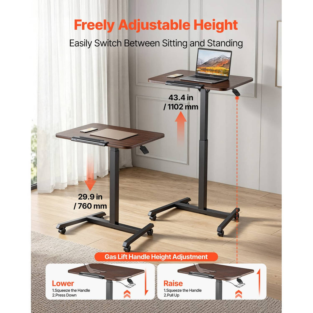 Height-adjustable standing desk with brown tilting desktop and sturdy gray base