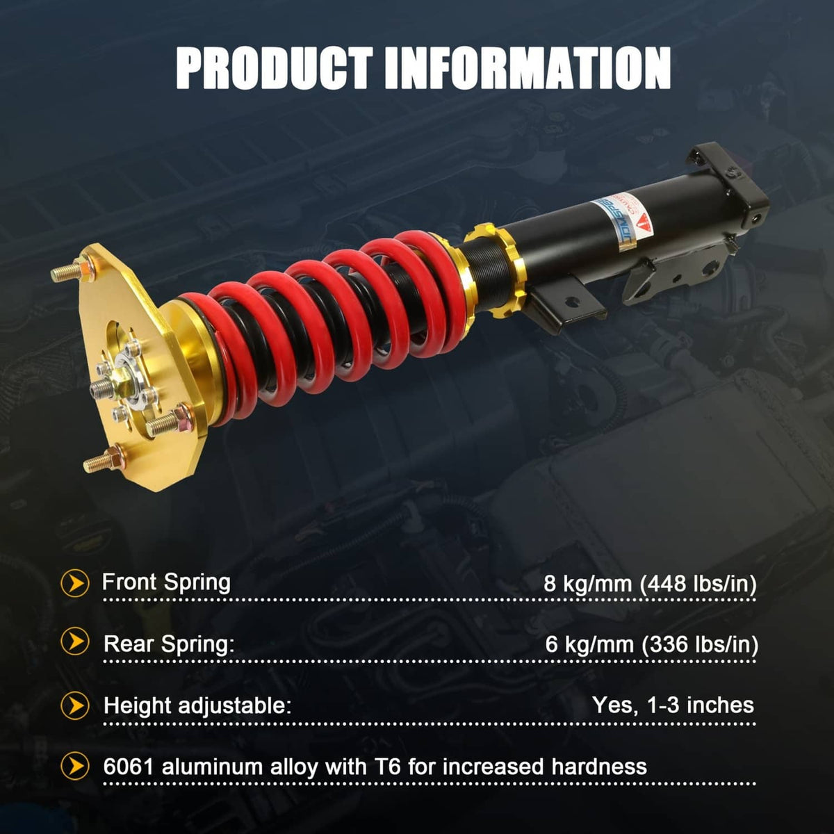 Single coilover shock absorber with red spring, gold top plate, black body and mount