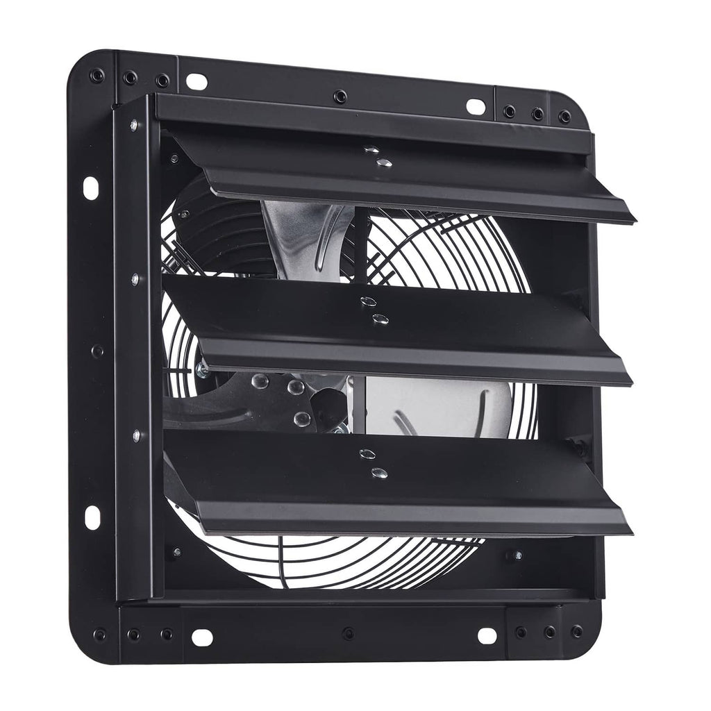 Wall-mount shutter exhaust fan with louvered front and visible fan blades