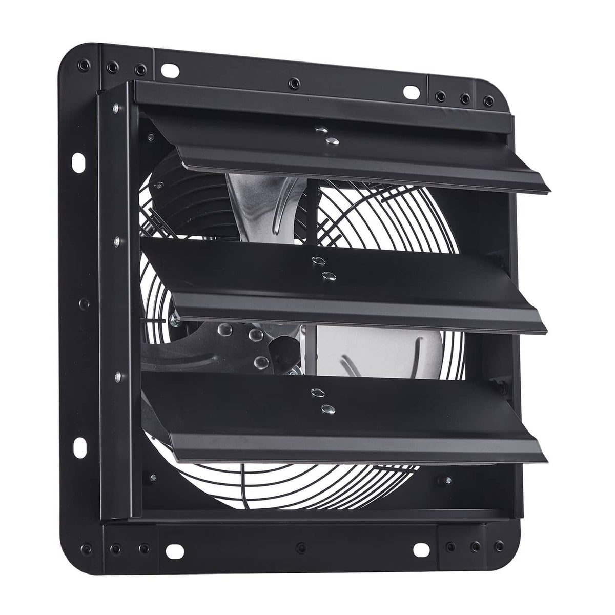 Wall-mount shutter exhaust fan with louvered front and visible fan blades