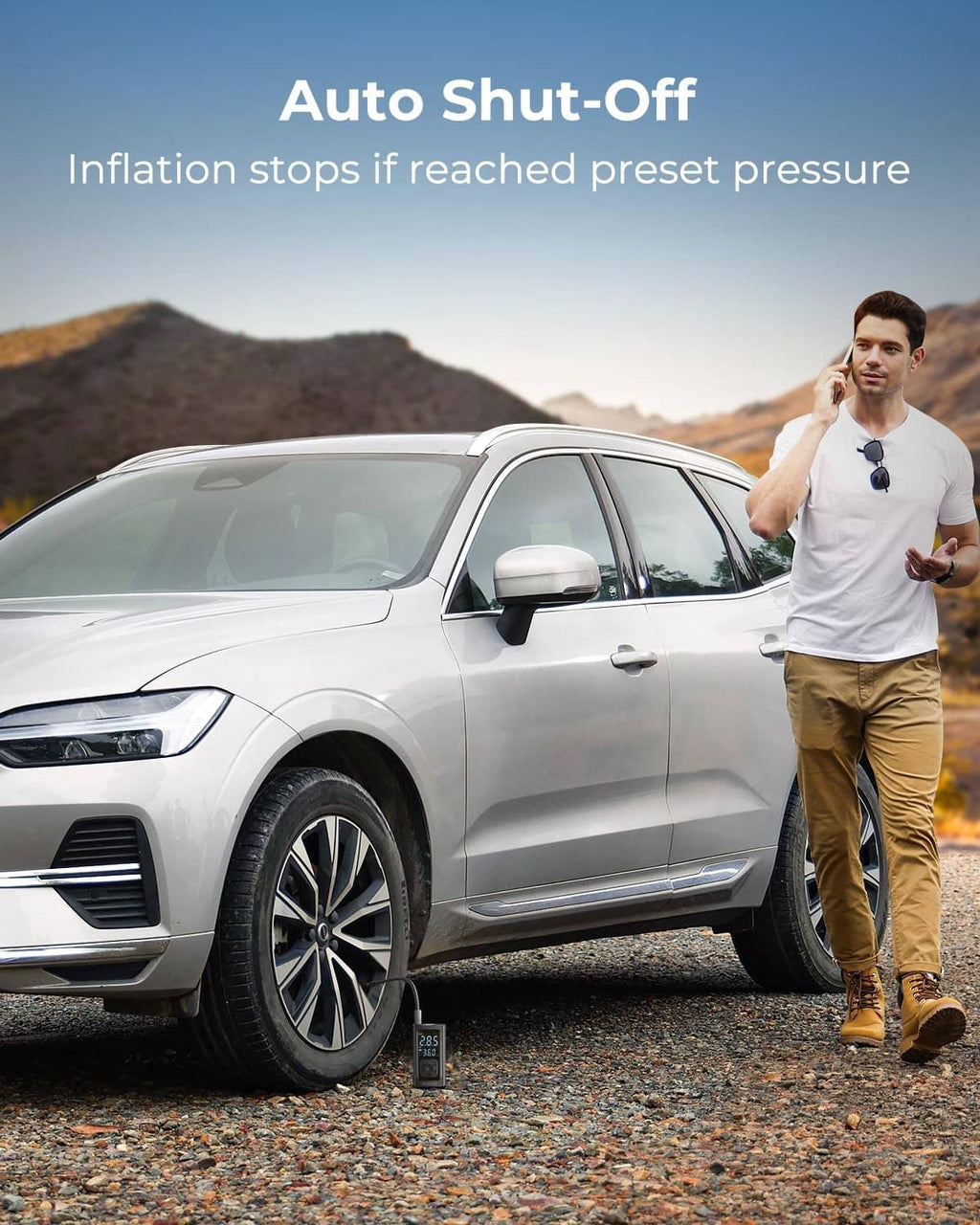 Portable tire inflator connected at car tire for inflation with preset pressure control