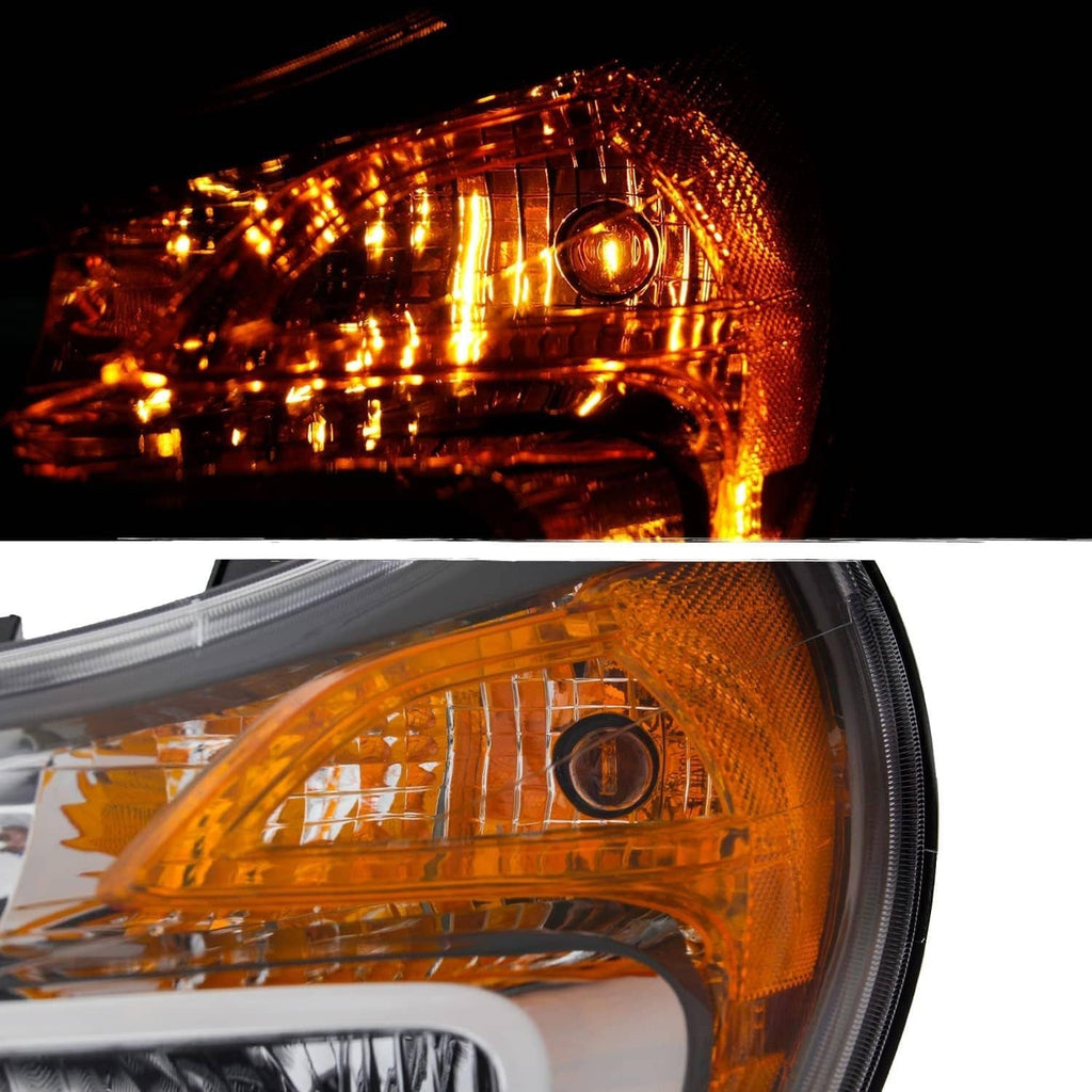 Right headlight with amber lens, reflector pattern, and circular lamp detail