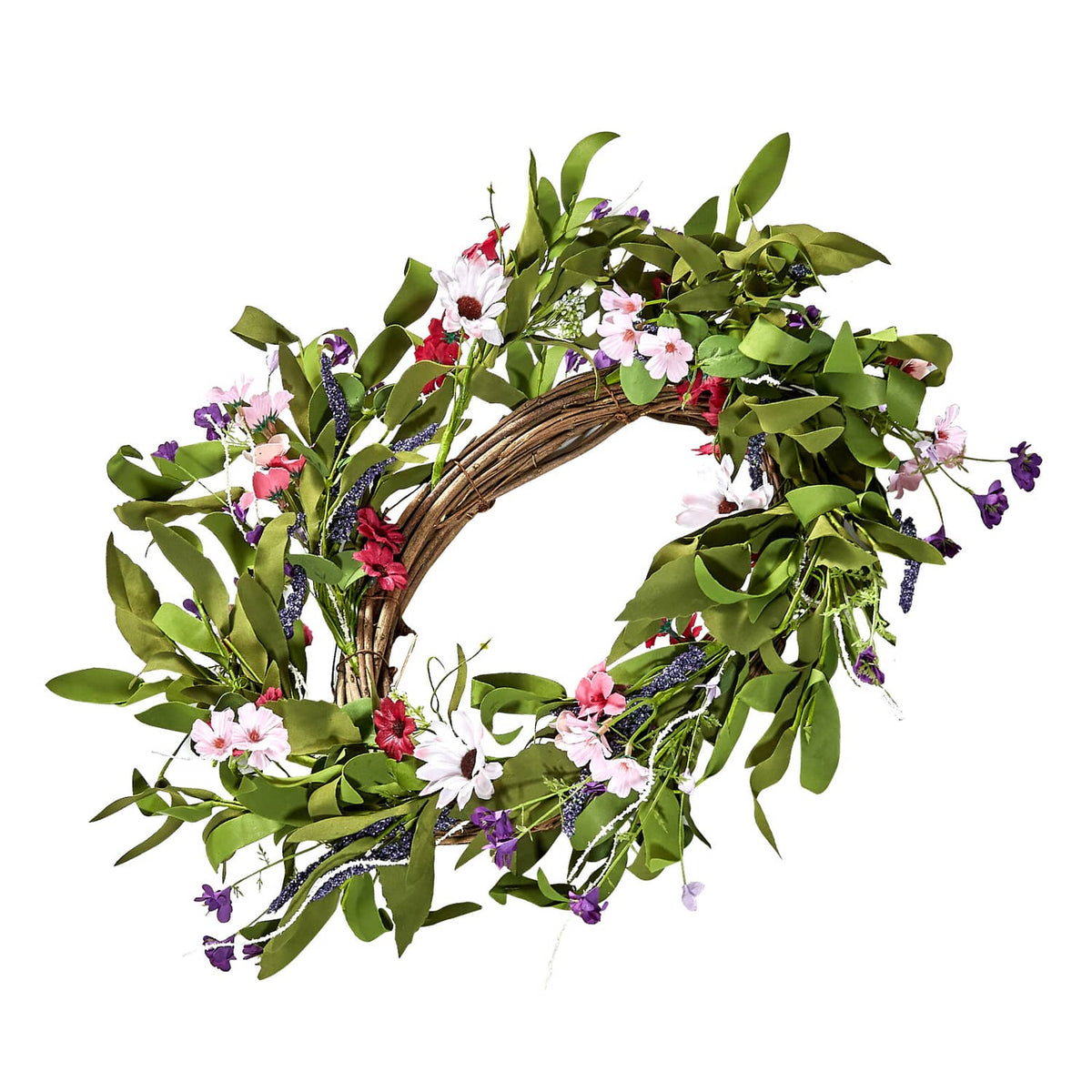 Artificial wreath with green foliage and scattered pink and white blossoms with purple sprigs