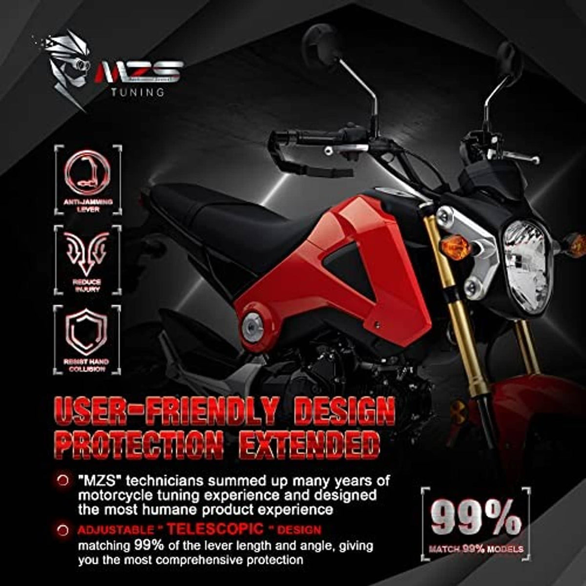 Black motorcycle lever guard set mounted on handlebar near control lever