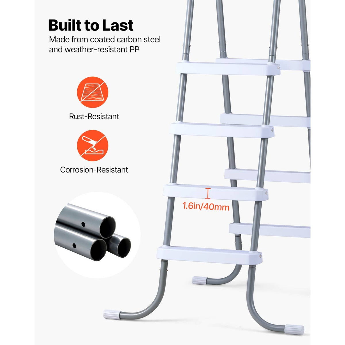 Gray 4-step steel pool ladder with weather-resistant PP parts and sturdy rungs
