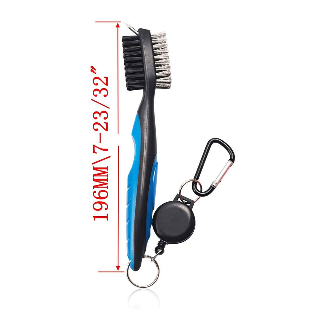 Golf club groove cleaner brush with blue handle, black bristle head, keychain hook clip