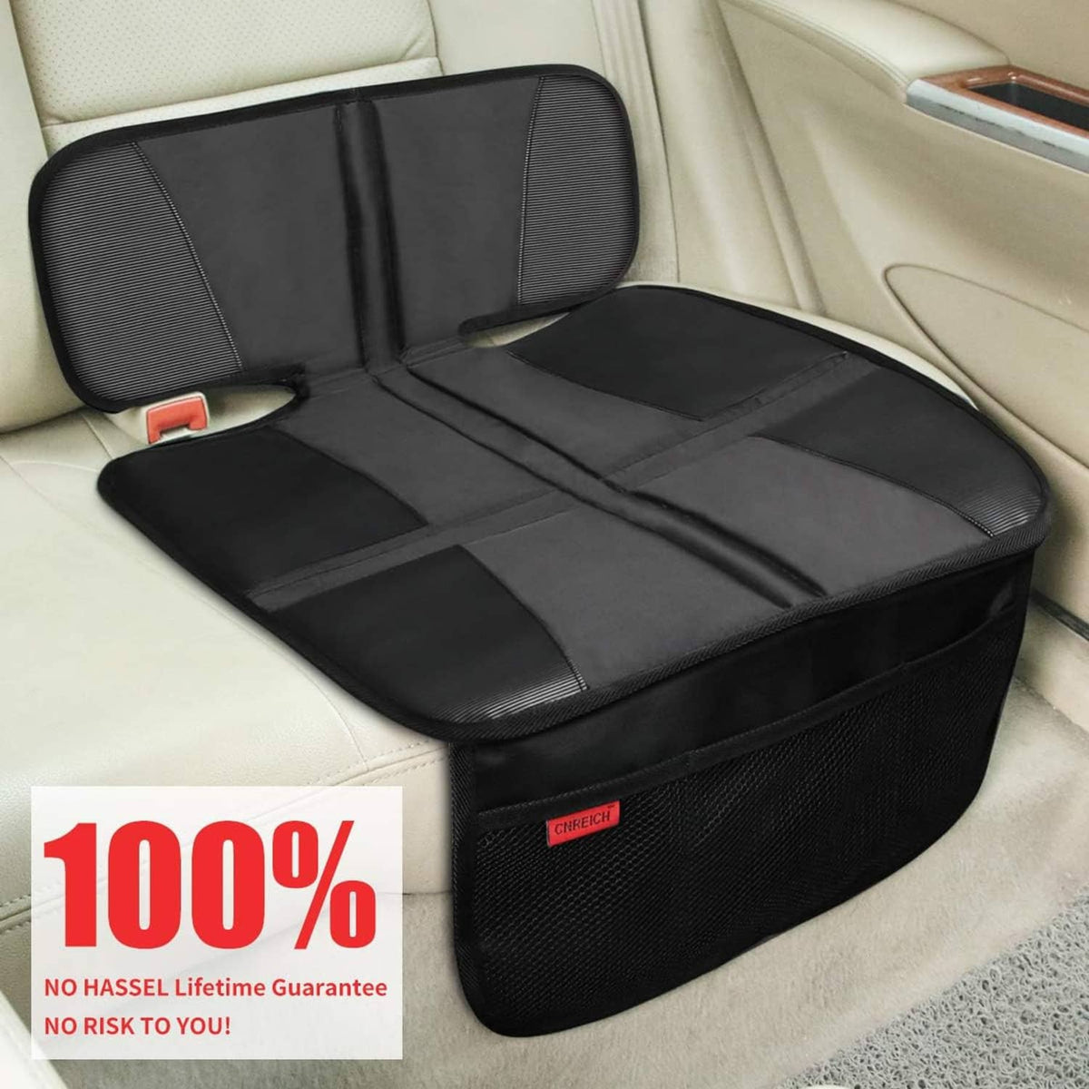 Black car seat protector with headrest pad and contoured cushioned seating panels