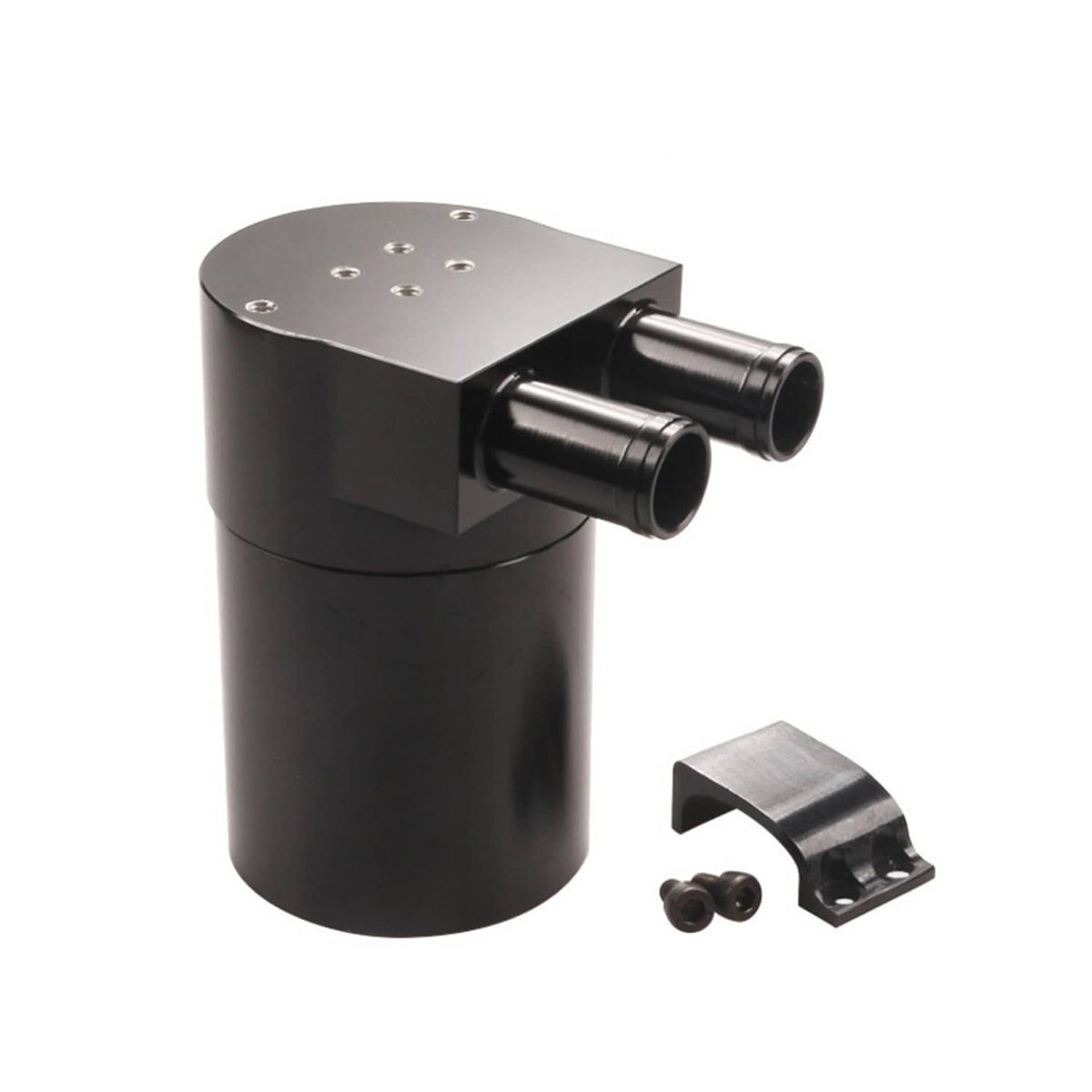 Black aluminum oil catch can tank with dual ports, silver top, mounting bracket and screws