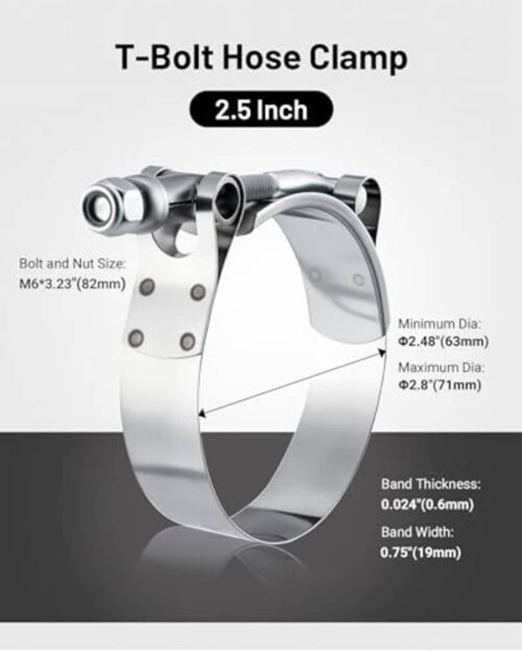 Stainless steel T-bolt hose clamp shown side view, perforated band and screw