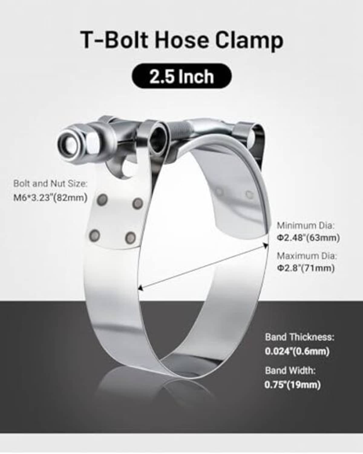 Stainless steel T-bolt hose clamp shown side view, perforated band and screw