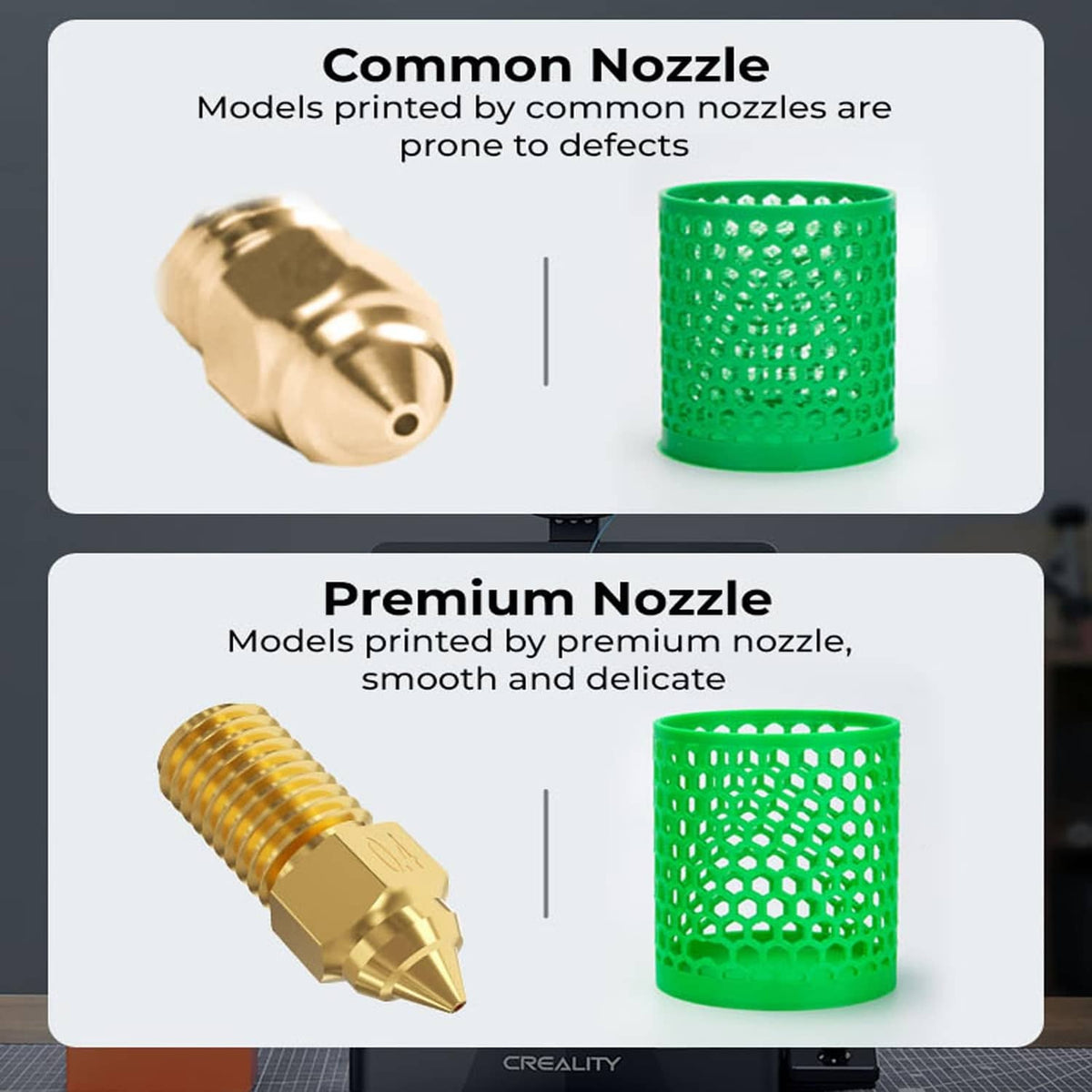 Brass nozzle sample and green silicone nozzle cover for 3D printer heating