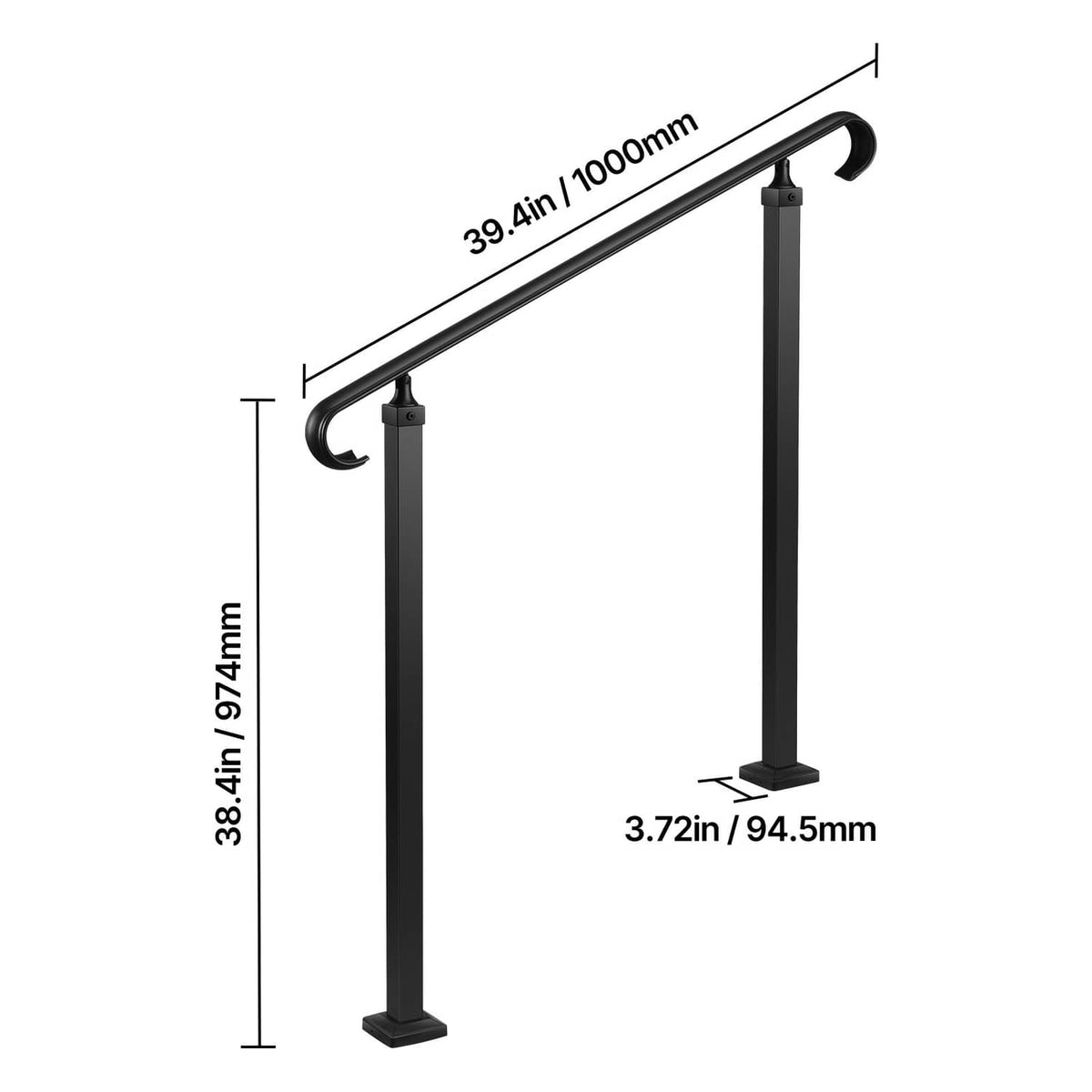 Black carbon steel outdoor handrail with curved top rail and two standing posts