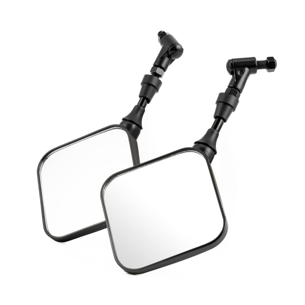 Pair of motorcycle rearview mirrors with square reflective glass and adjustable stems
