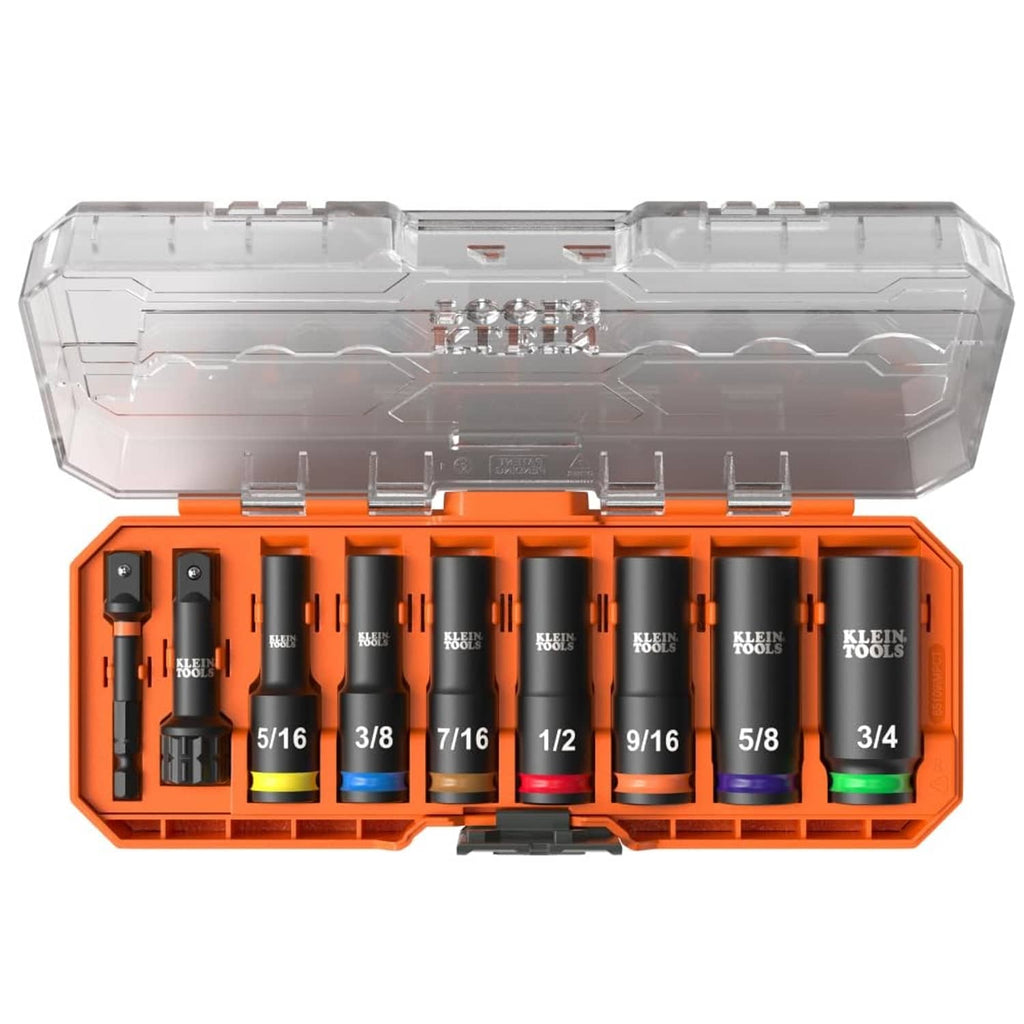 Deep-well 3/8-in drive impact socket set with multiple SAE sizes in orange case