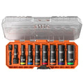 Deep-well 3/8-in drive impact socket set with multiple SAE sizes in orange case