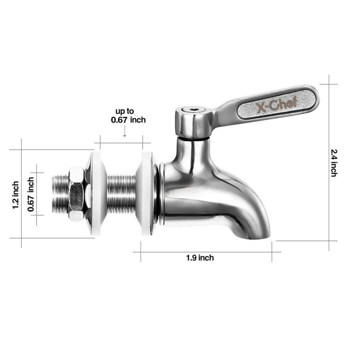 Stainless steel beverage spigot replacement with labeled size dimensions