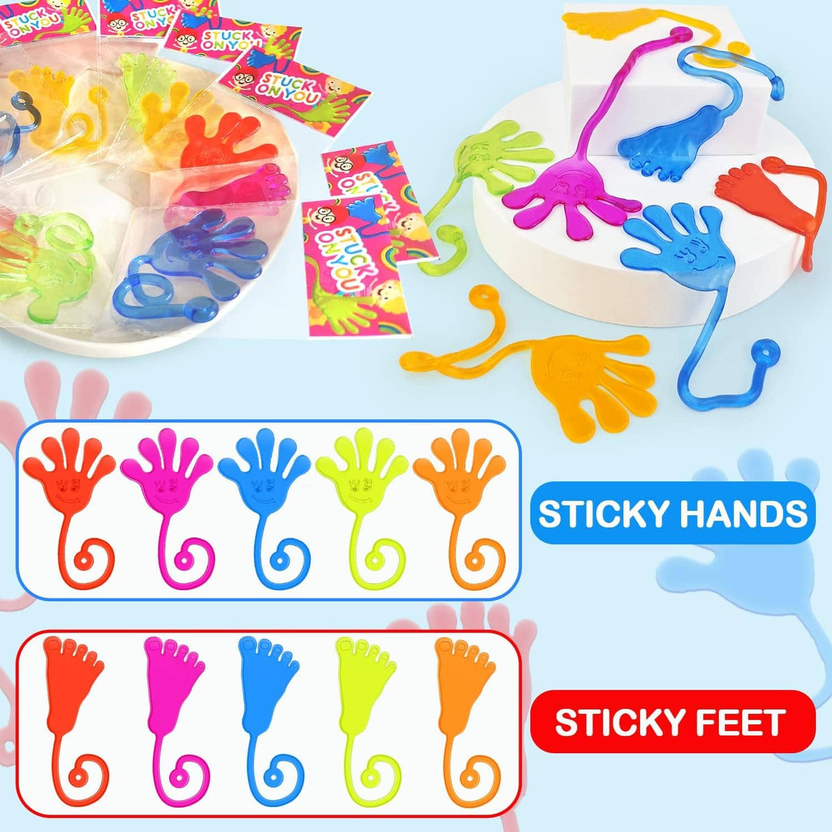 Sticky hand and foot toys in multicolor on sheets, including foot shapes and hands