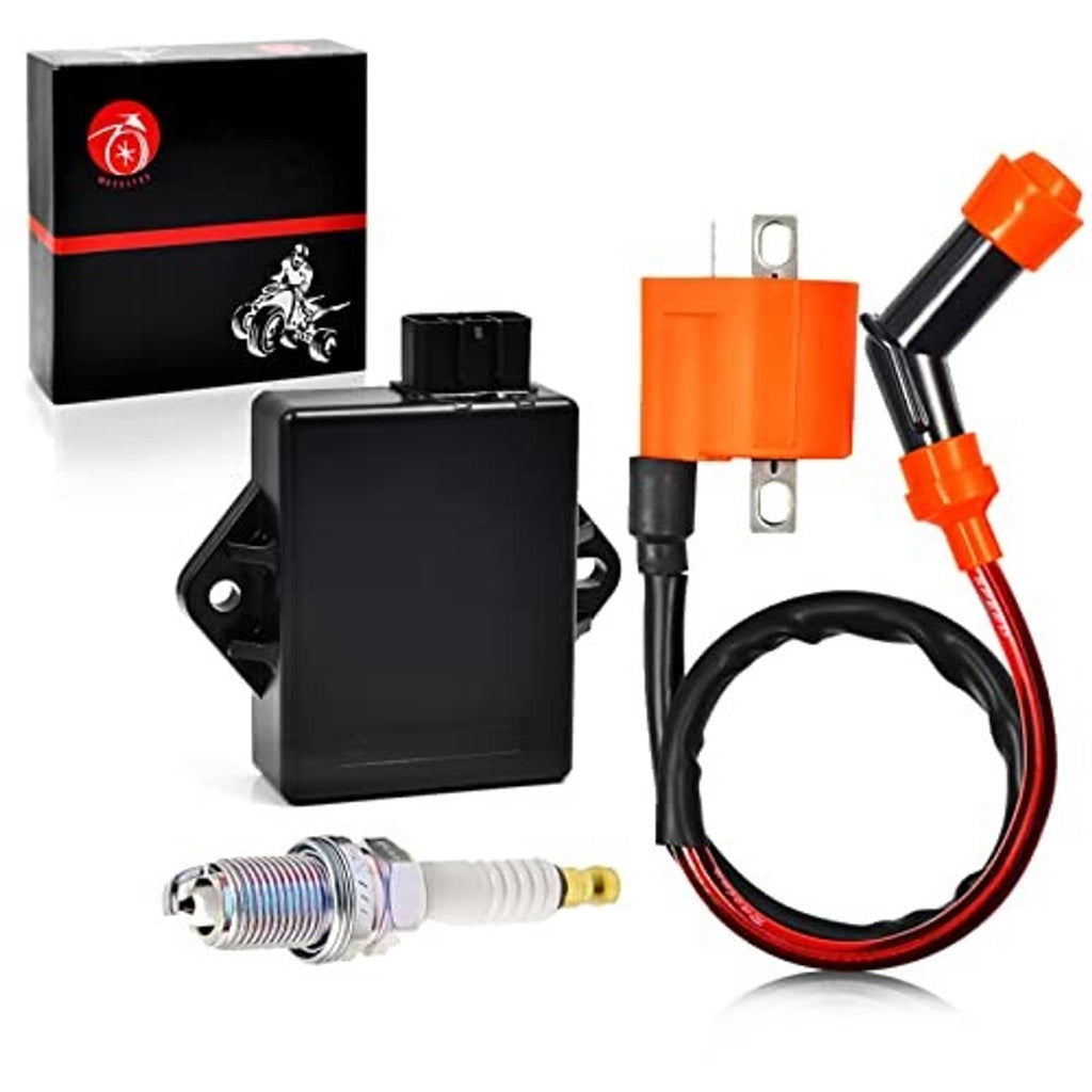 CDI ignition coil module kit with orange wiring harness and spark plug