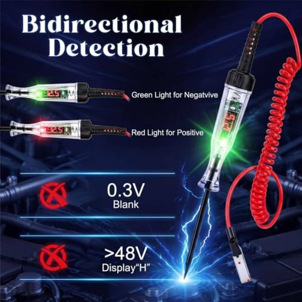Automotive digital test light showing green and red LED indications, with red coiled cable