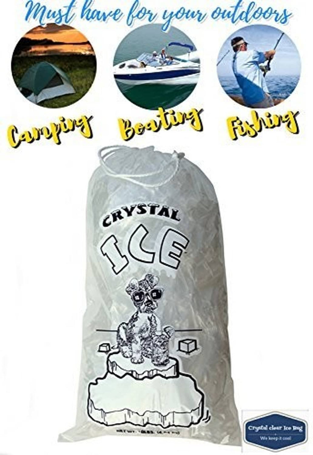 Clear plastic ice bag with CRYSTAL ICE graphic and cotton drawstring at top
