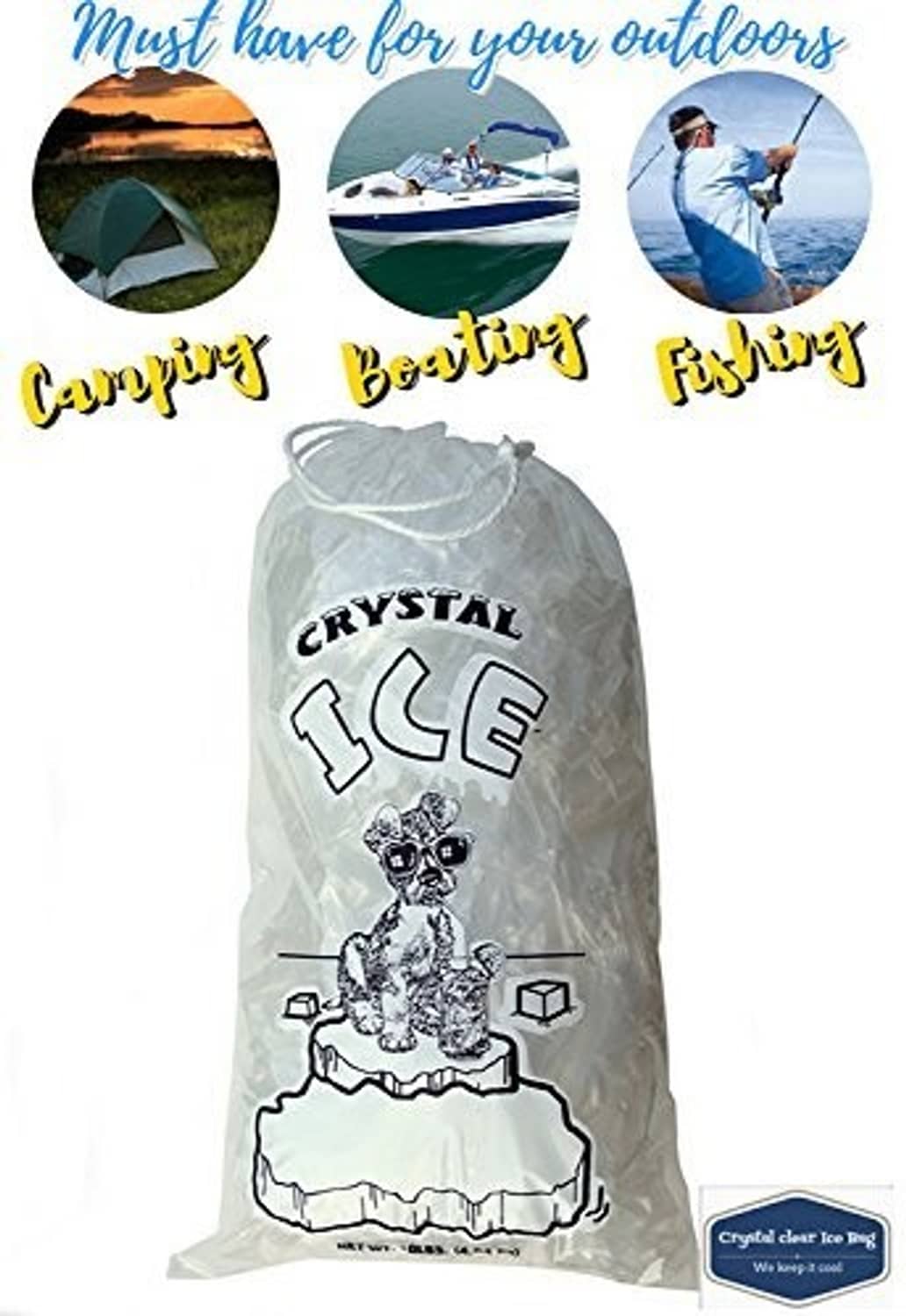 Clear plastic ice bag with CRYSTAL ICE graphic and cotton drawstring at top