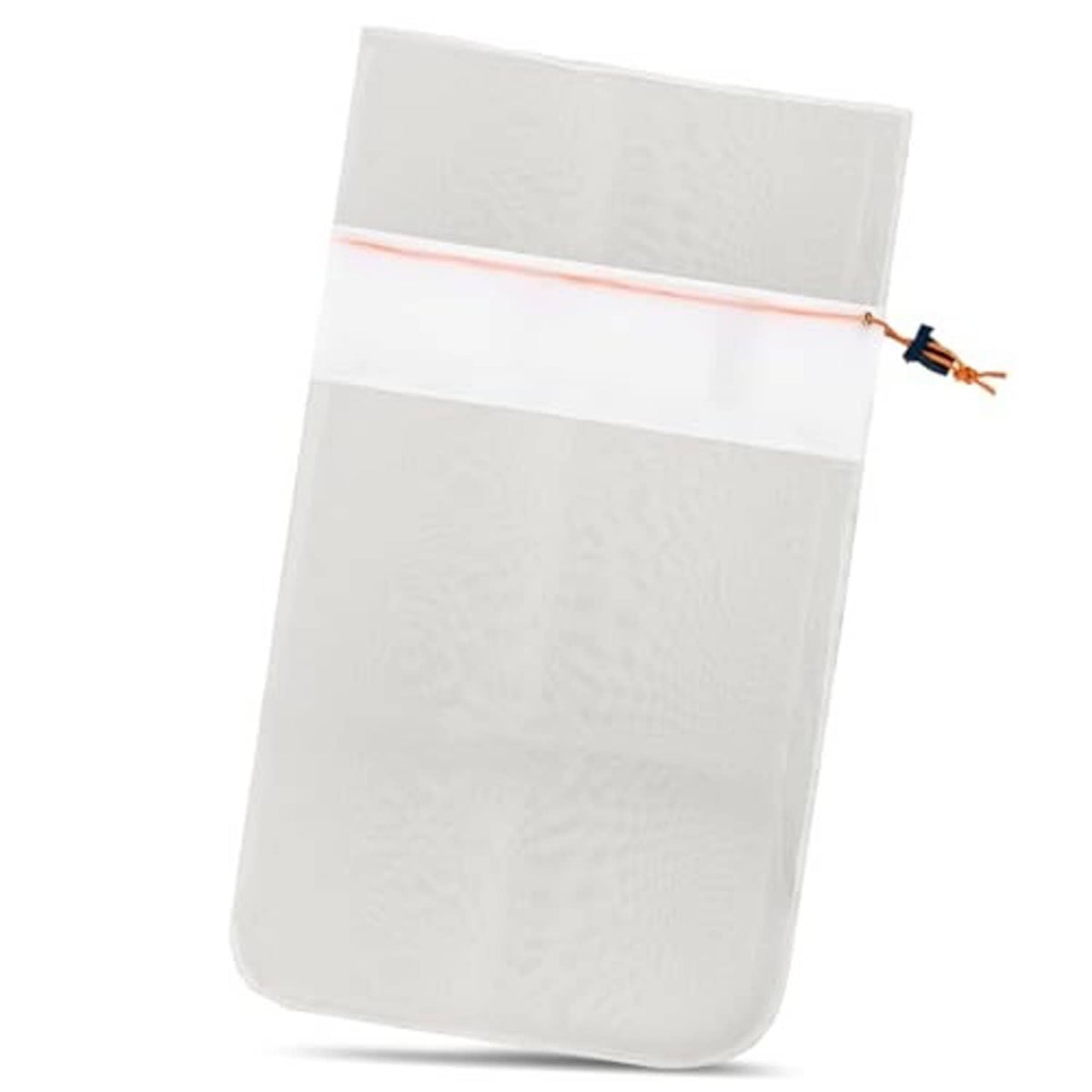 White ultra-fine mesh debris bag with red-lined top and connector wires