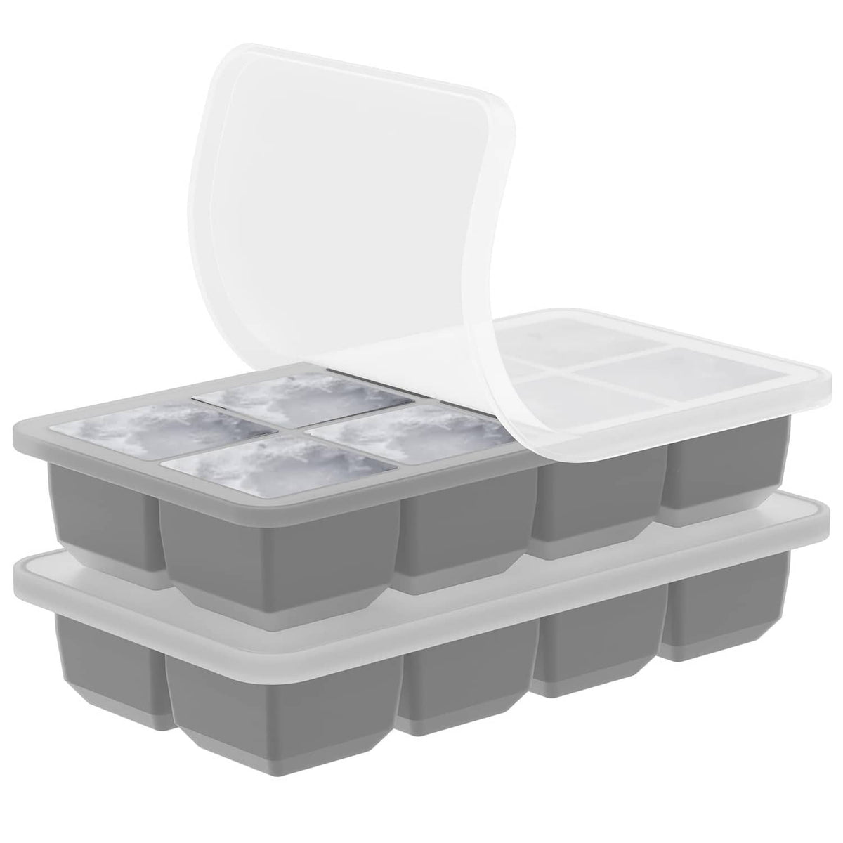 Gray silicone large ice cube mold tray, 8 square cavities with hinged lid