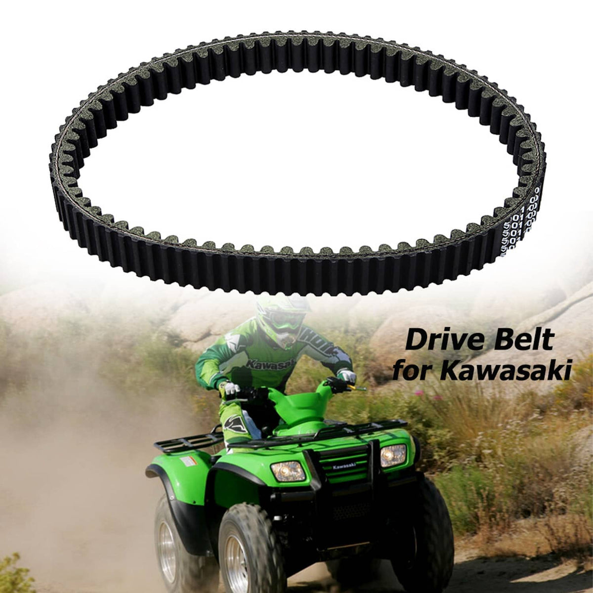 Drive belt loop, black ribbed toothed belt with textured edge details