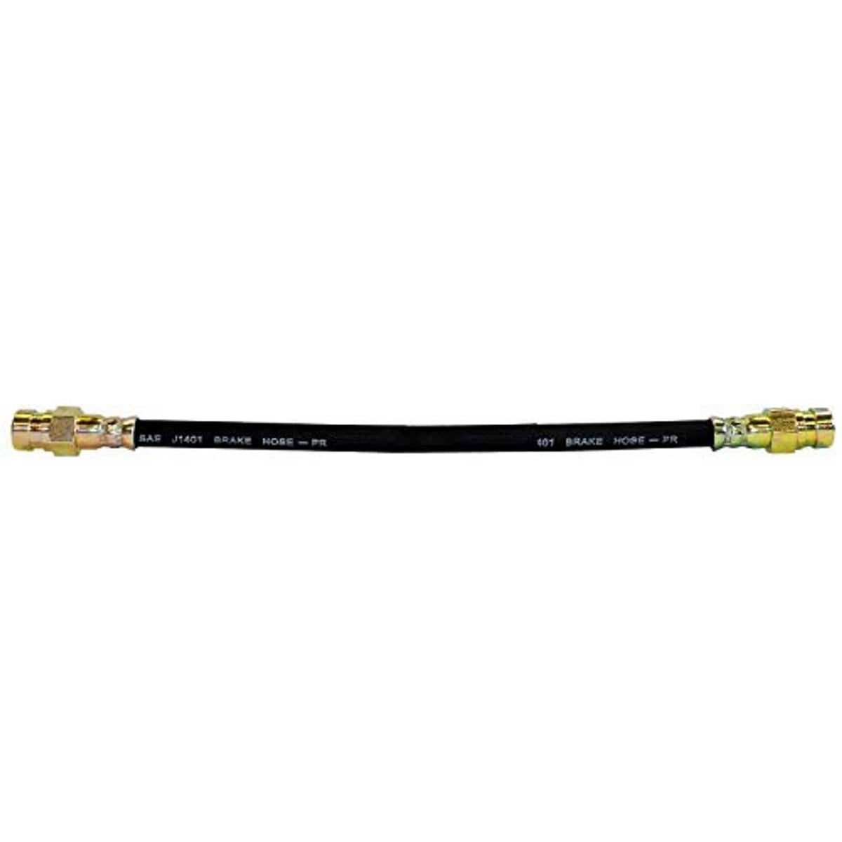 Flexible brake hose with black hose line and brass fittings, printed length markings