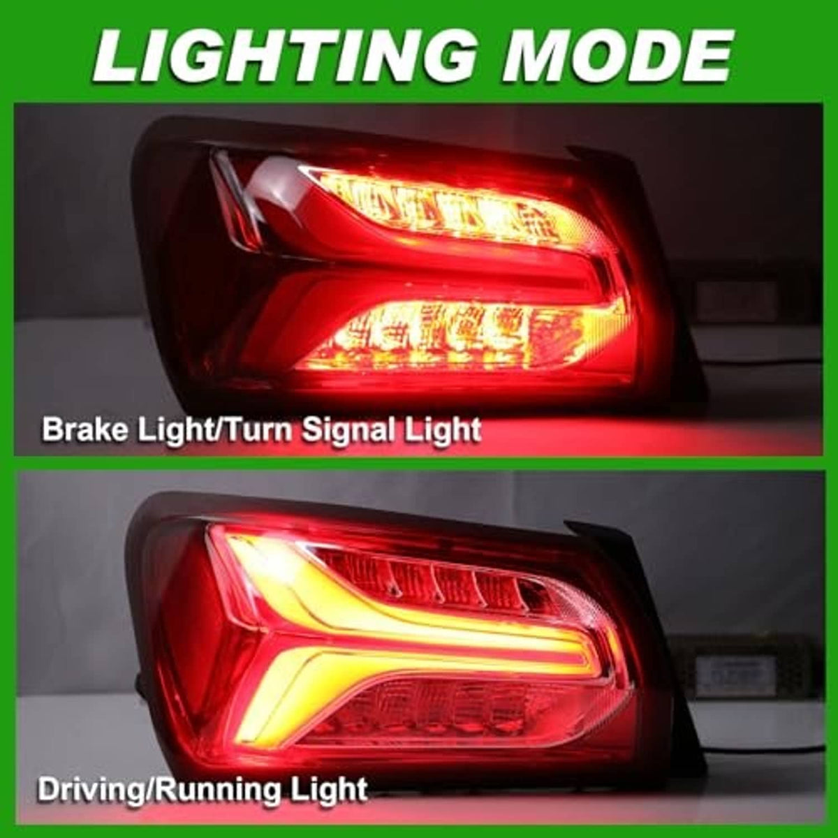 Illuminated left LED tail light showing red brake/turn and white driving light patterns