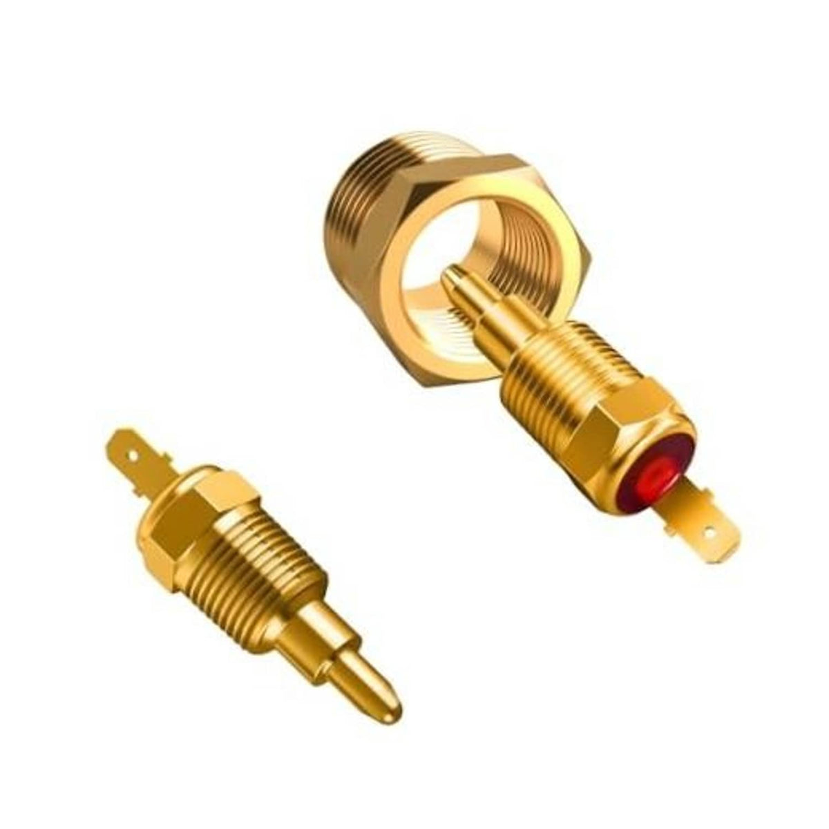 Brass NPT thermostat fan switch with red sensing tip, two-piece angled view
