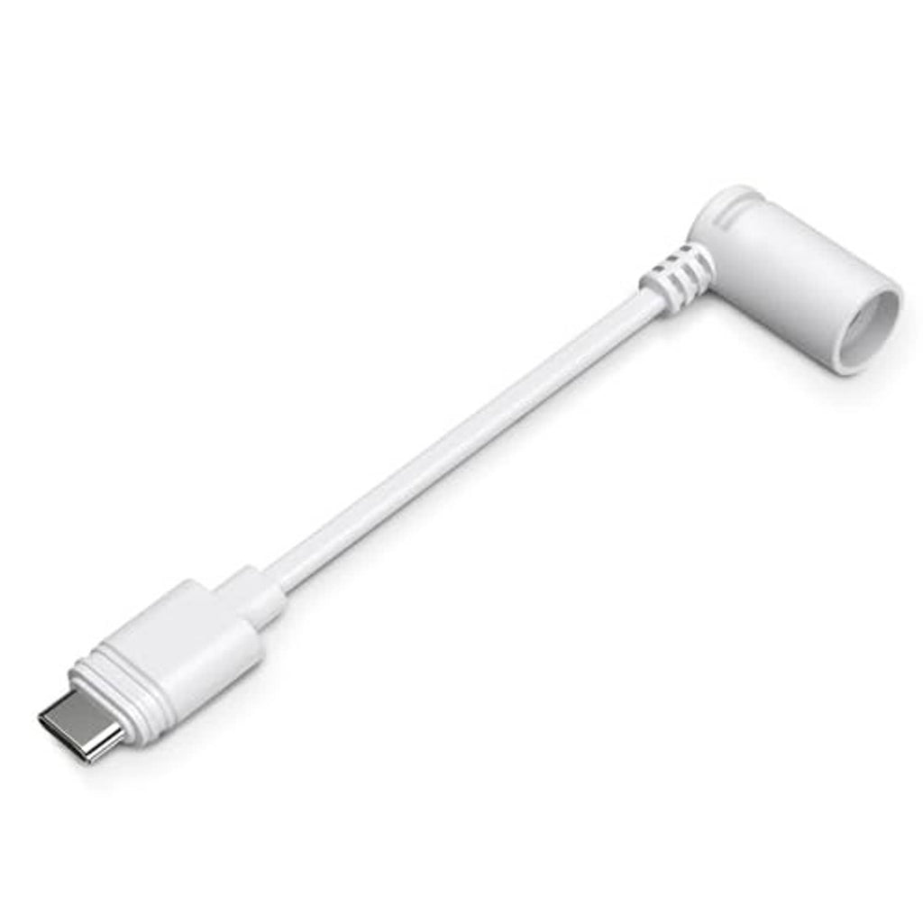 White USB-C male to DC 3.5mm ring barrel plug adapter cable with angled end