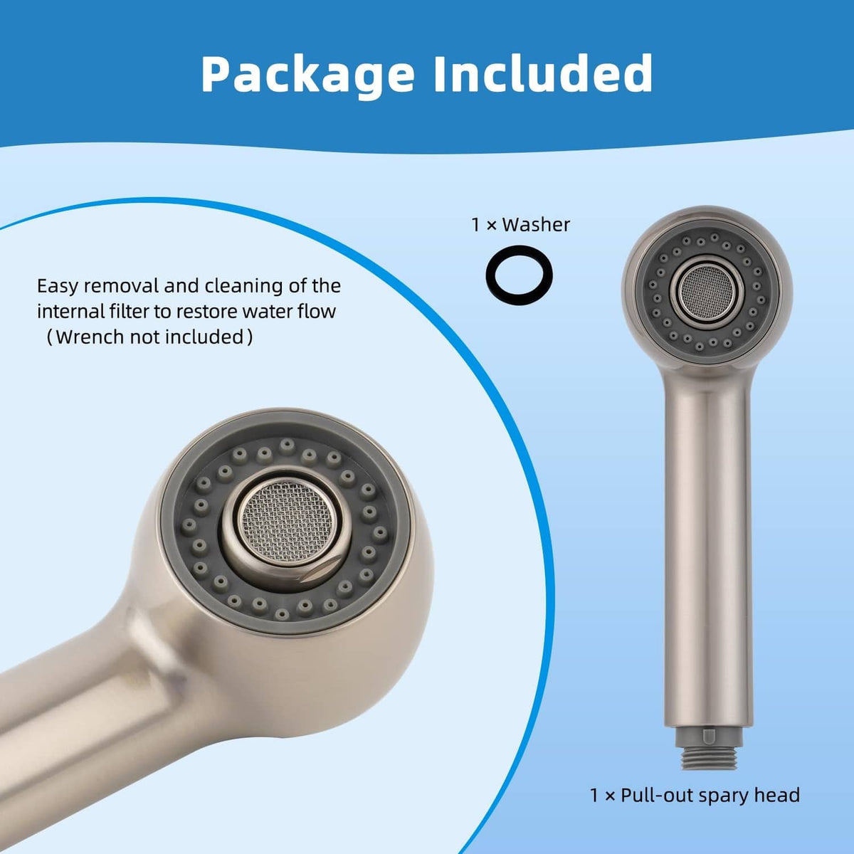 Pull-out sink sprayer head replacement with included washer, brushed nickel round nozzle