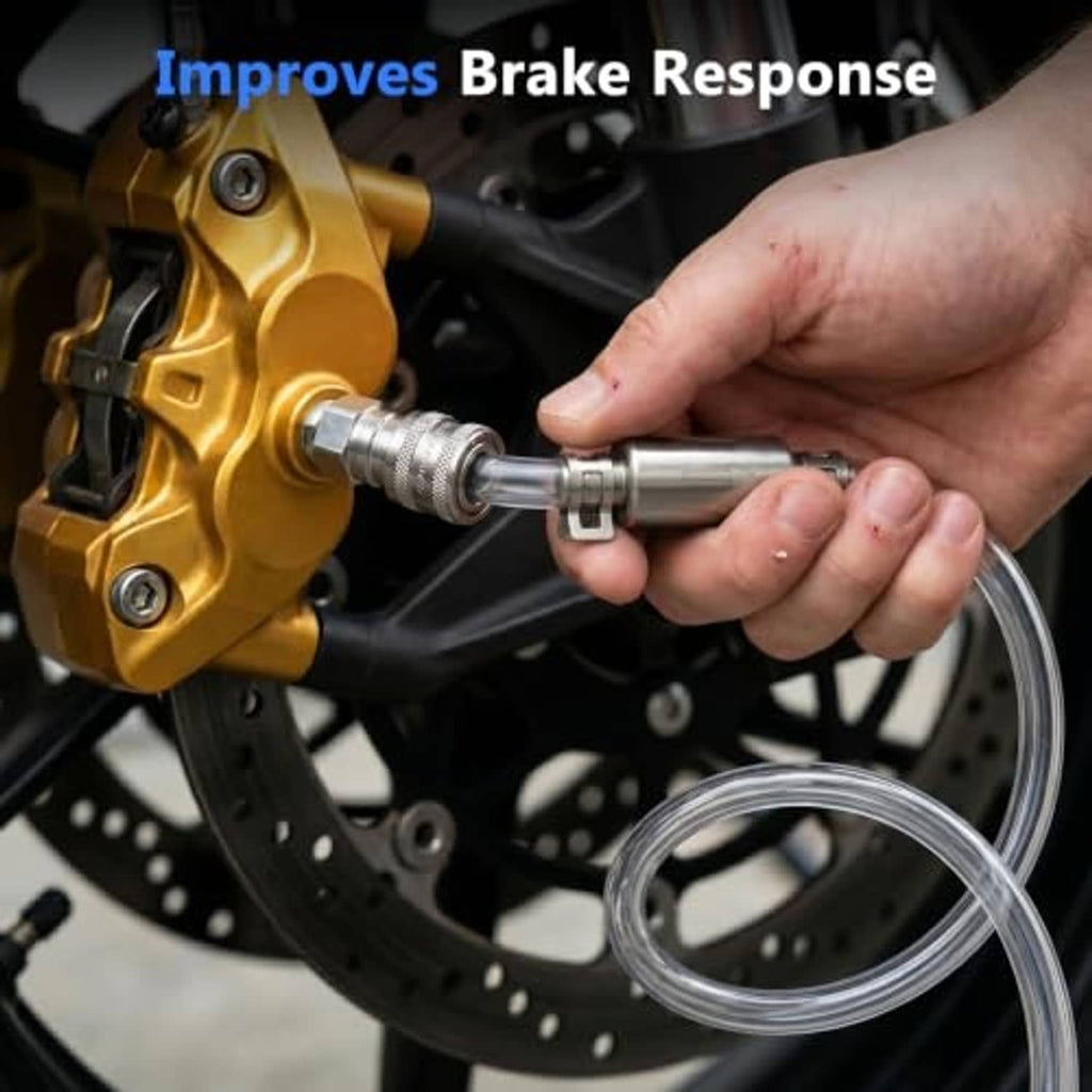 Brake bleeder hose kit connection at brake caliper, with silver valve and clear tube