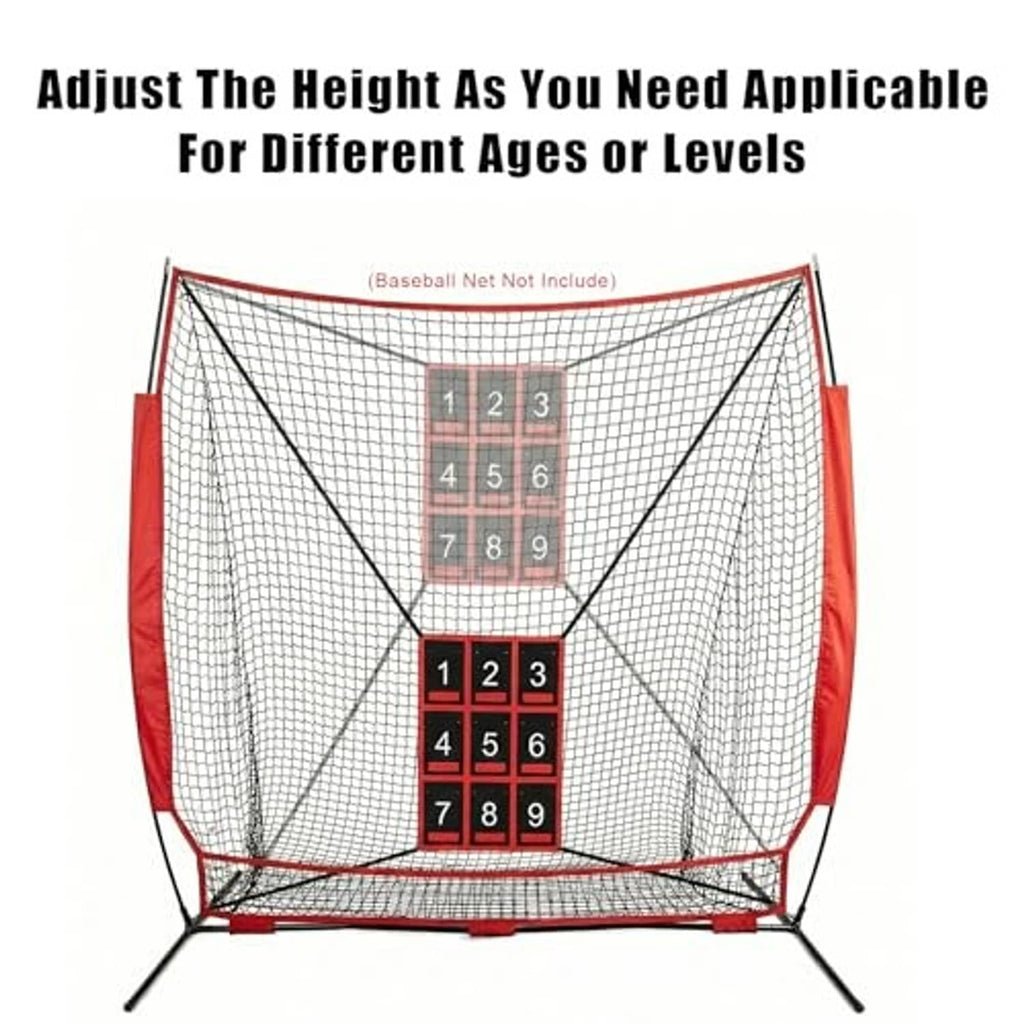 Adjustable strike zone net with red frame and two numbered 1–9 grids