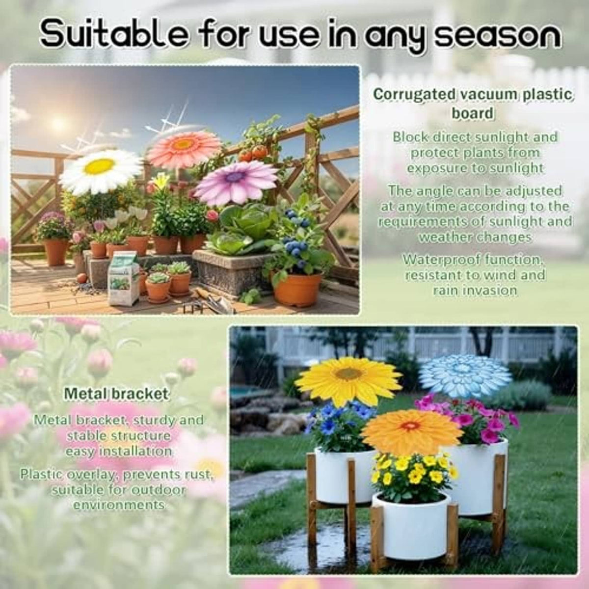 Garden flower plant umbrella set with corrugated plastic and metal support shown in-use