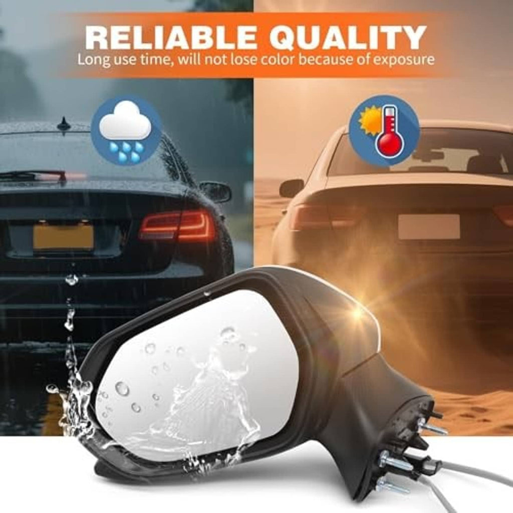 White housing driver side mirror assembly with black trim and sealed glass
