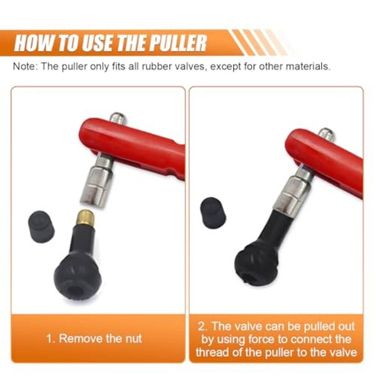 Red valve stem puller tool used on a rubber valve stem with fitting pieces