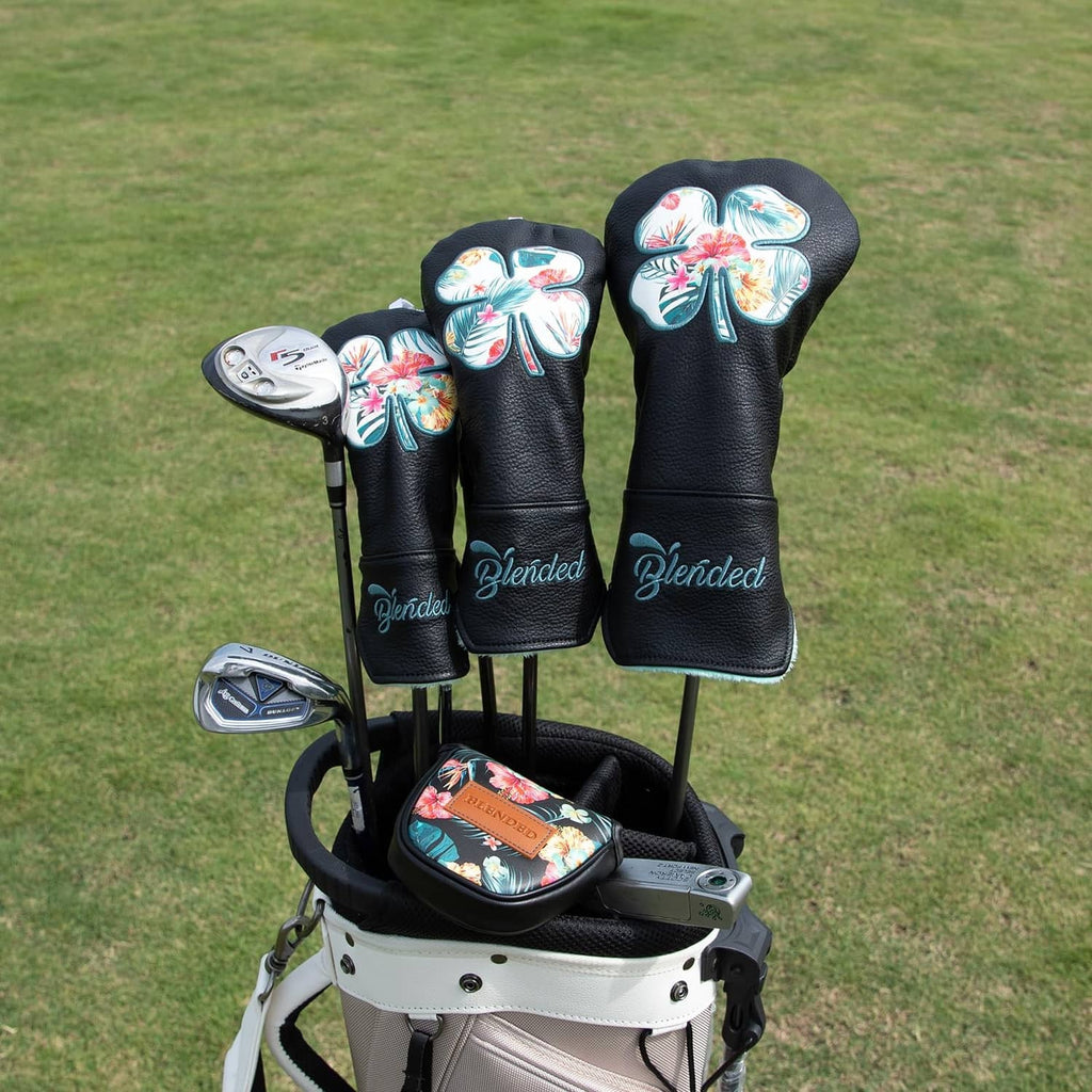 Black golf club head covers set with four-leaf clover floral embroidery