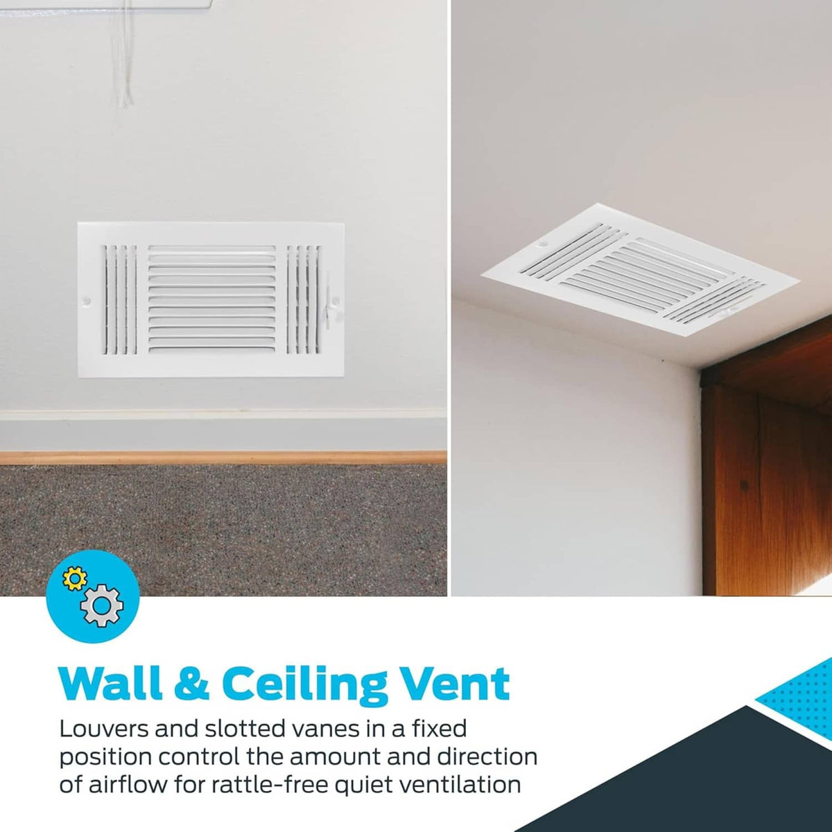 White wall and ceiling vent cover with fixed louvers and standoff vanes