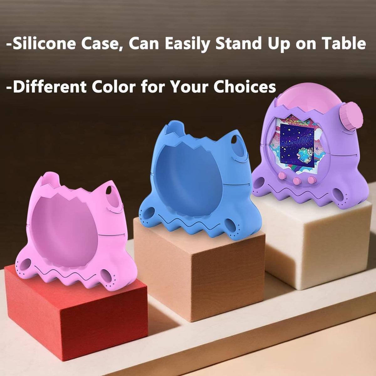 Silicone case for handheld toy shown in blue, pink, and purple colors